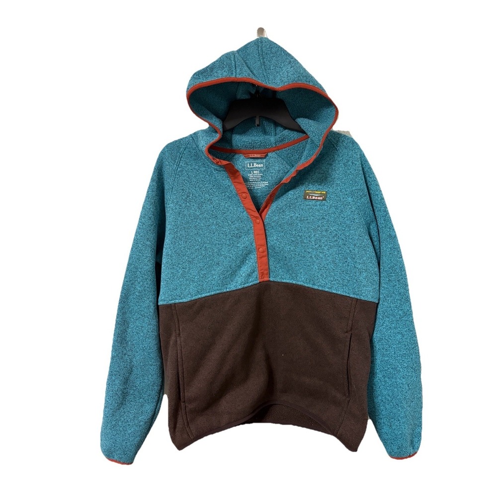 LL Bean Sweater Fleece Hoodie Womens Large Snap Pullover Blue Brown